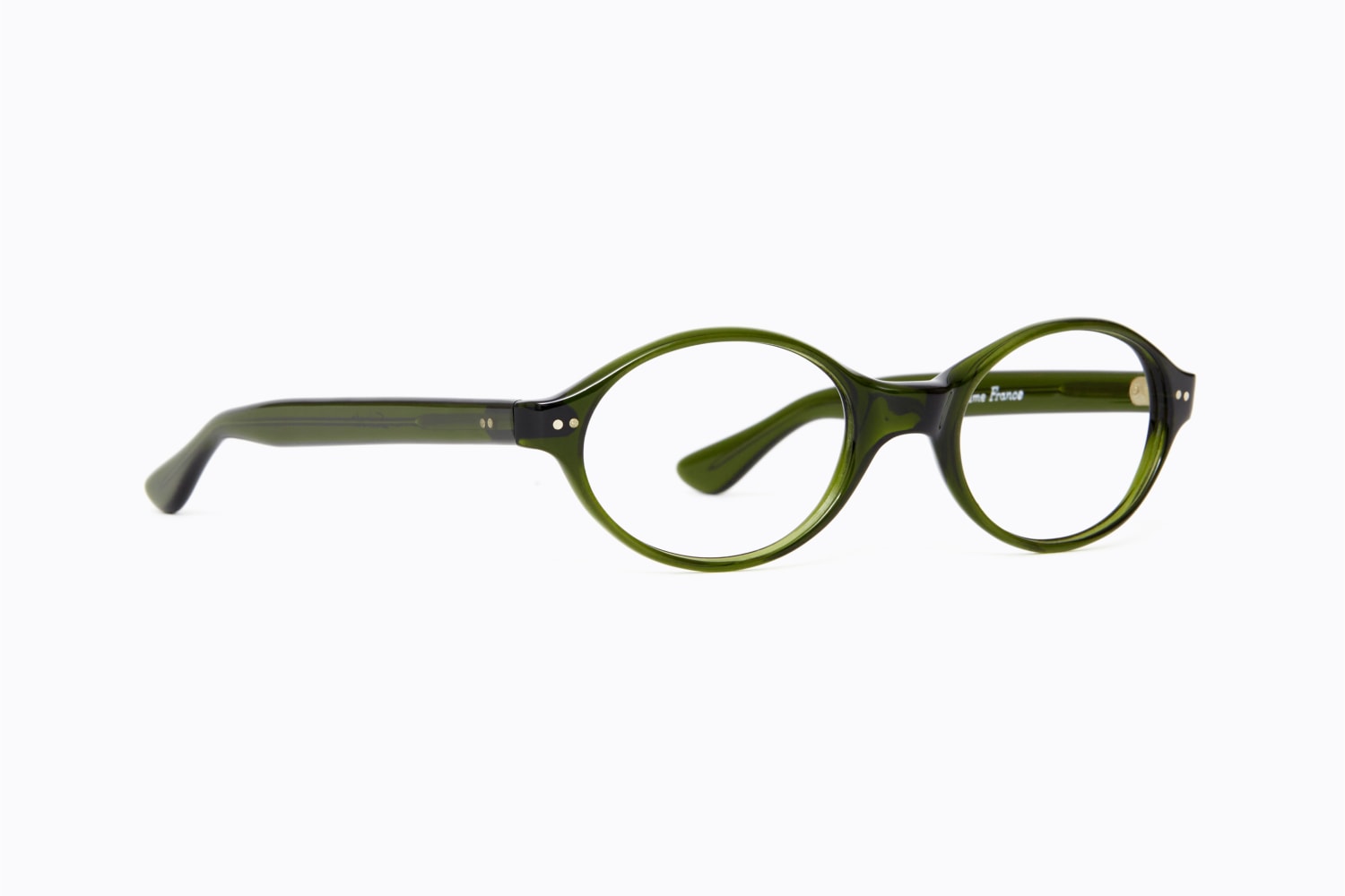 The tango frame by selecta, a dark green acetate oval frame from the 70s in side view
